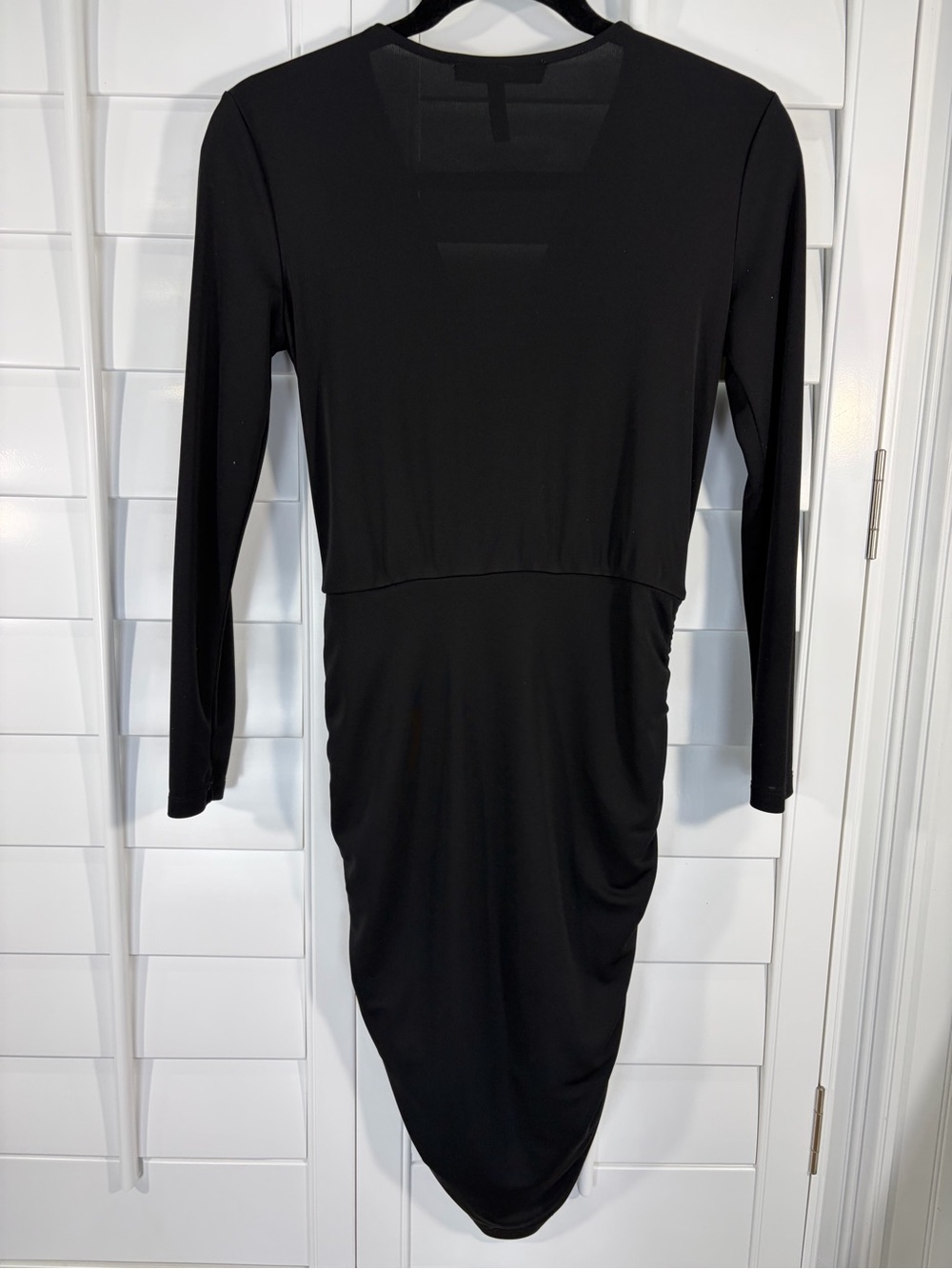 BCBGMaxAzria Dalton Black Ruched Zip-Front V-Neck Mini Dress (S) - Picture 3 of 8